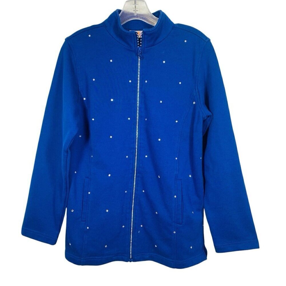 Quacker Factory Full Zip Cardigan Sweater Size Small Dark Blue Rhinestone Detail